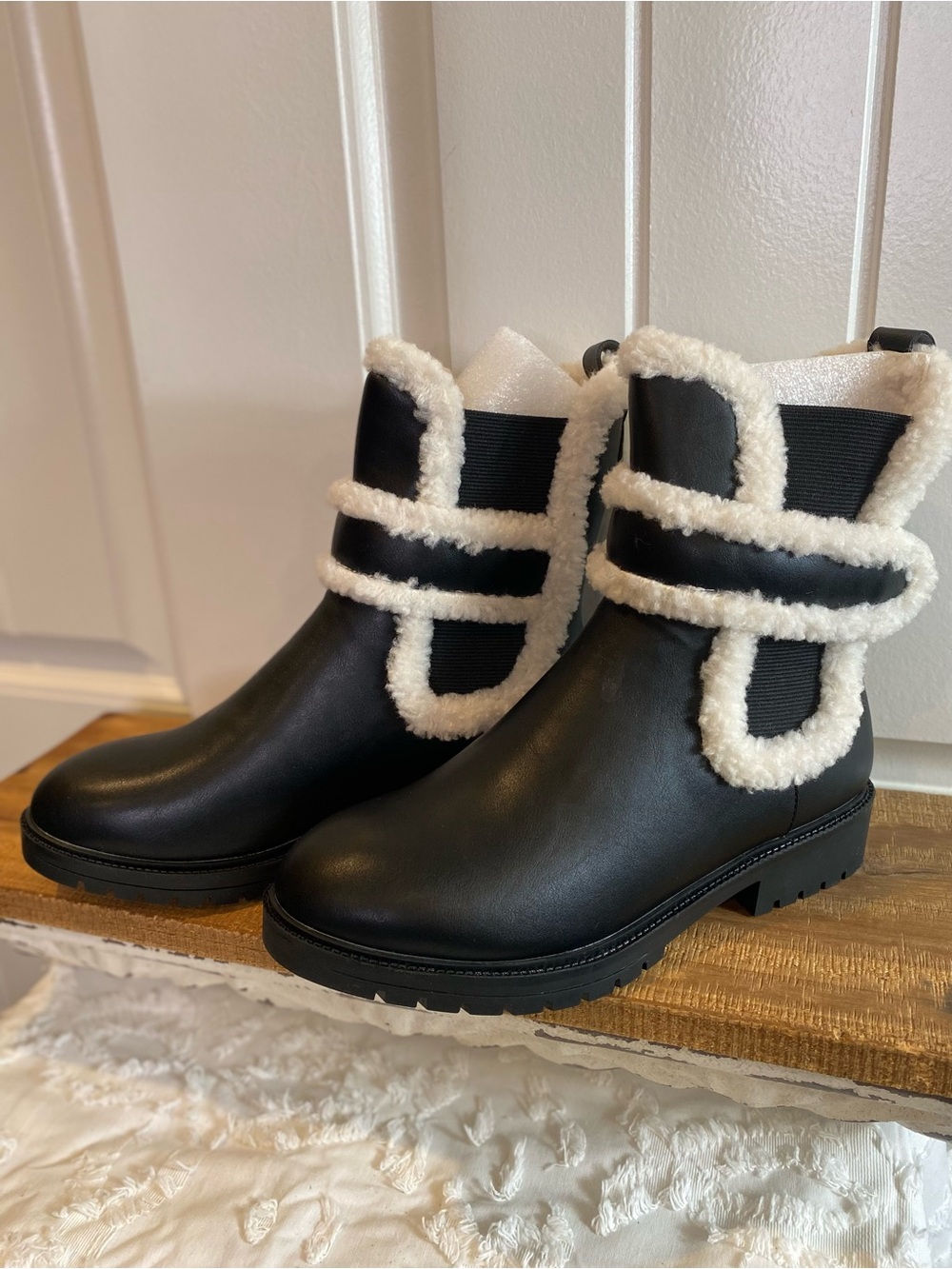 New! Black Faux Leather Ankle Boots with Cream Sherpa Trim